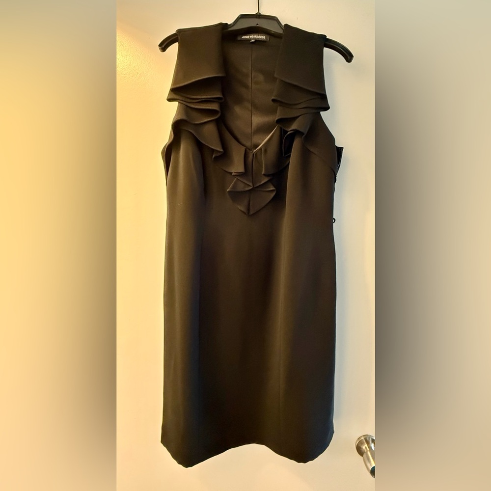 Jones Wear Black Ruffled Cowl Neck Sheath Dress